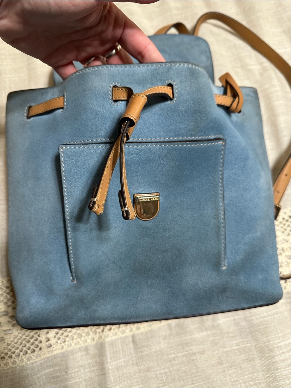 Michael Kors Romy Blue Suede and Leather Backpack - Picture 3 of 15